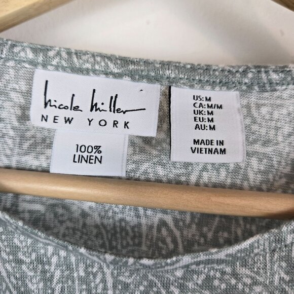 Nicole Miller Top Womens M 100% Linen Green Short Sleeve Button Lagenlook Summer - Picture 3 of 5